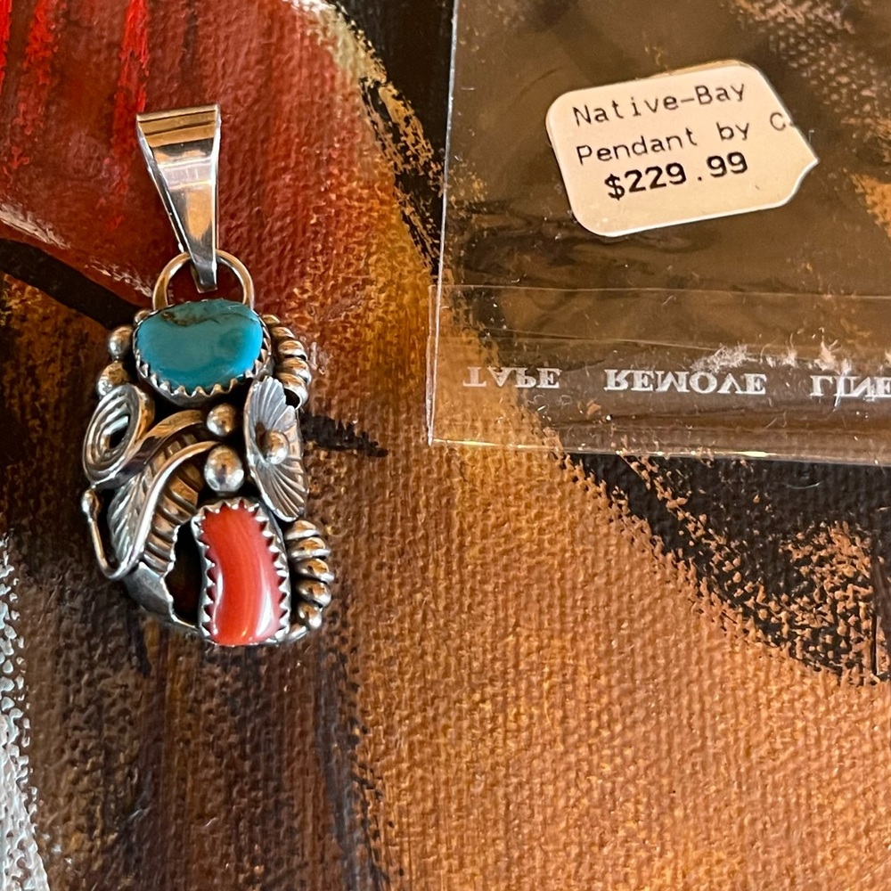 ⚠️Navajo Artist Carolynn Nez Sterling Silver Coral Turquoise Pendant